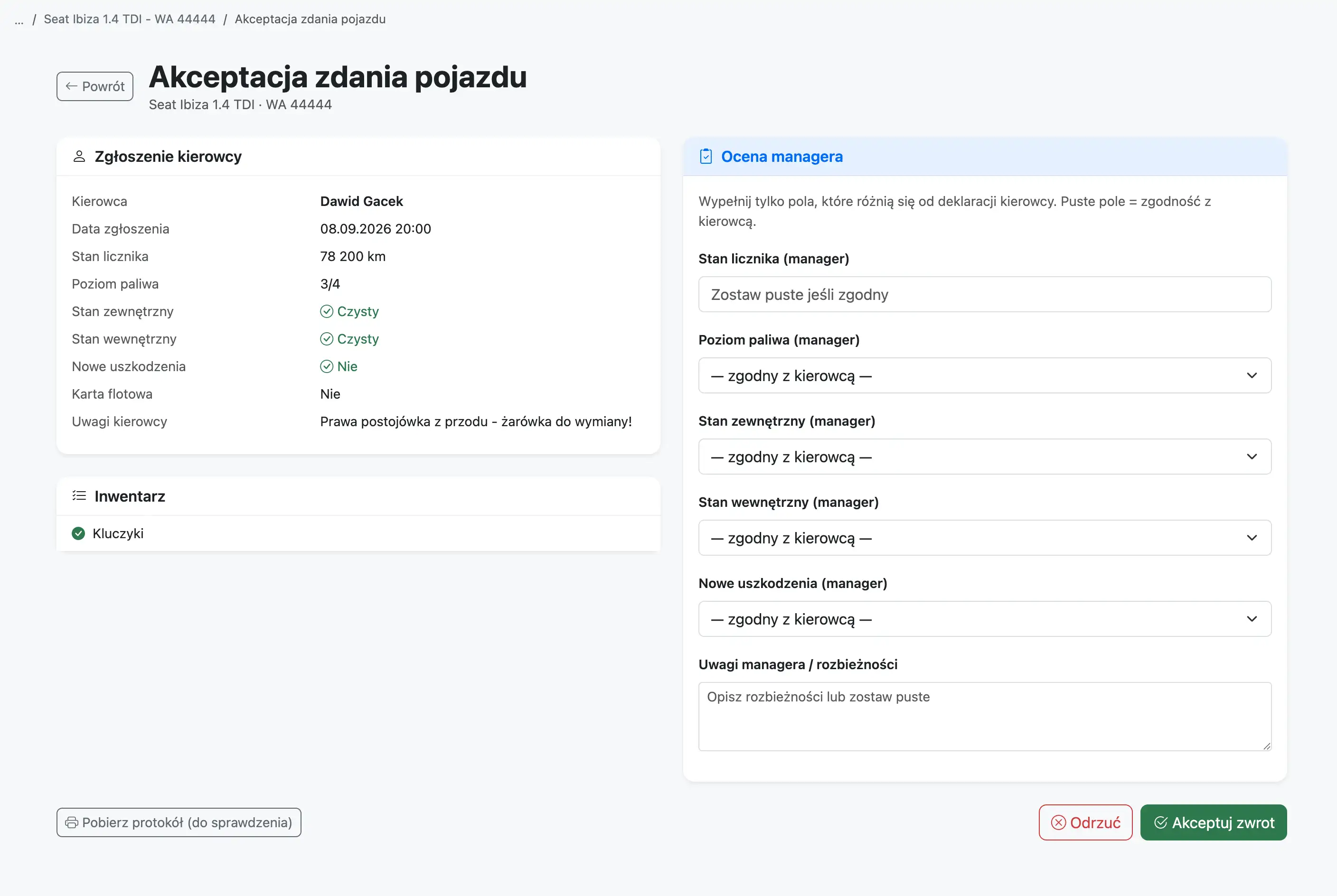 Weryfikacja protokołu zdawczo odbiorczego samochodu przez menedżera