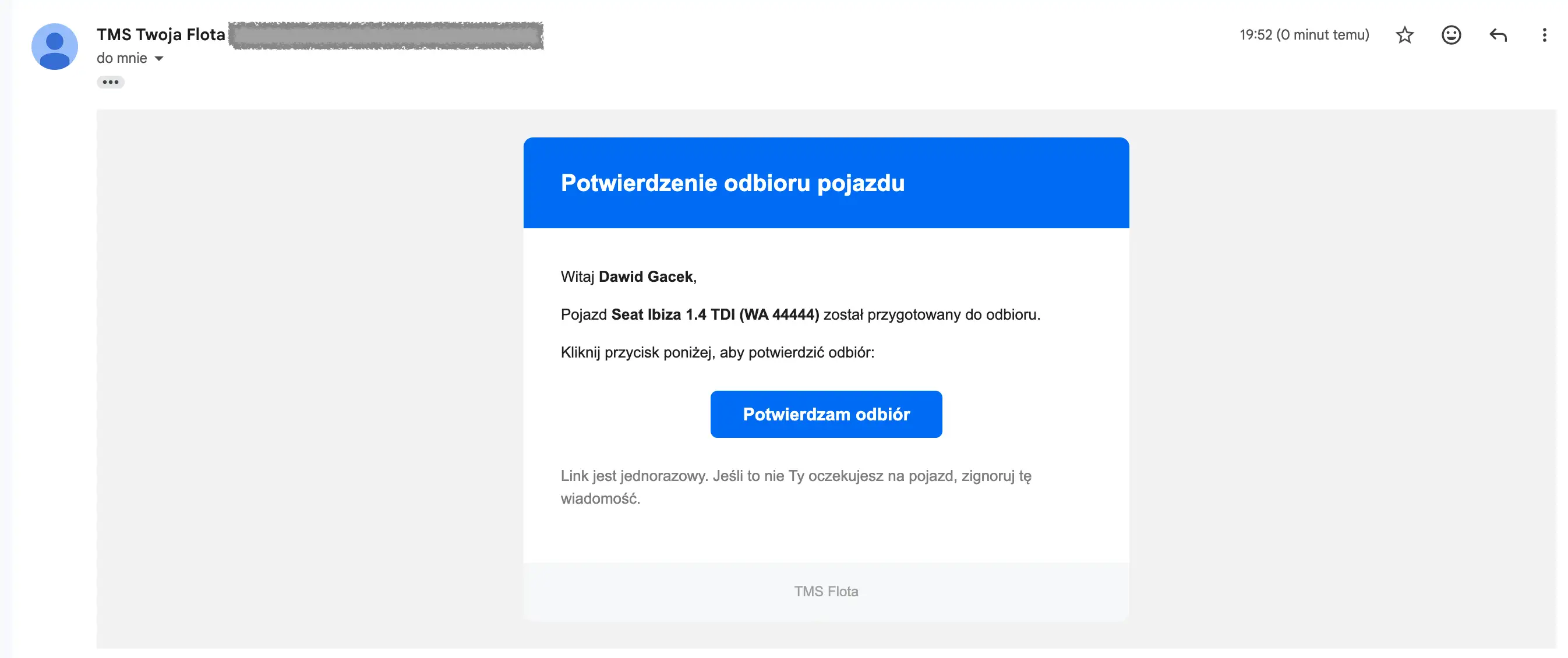 Potwierdzenie odbioru samochodu przez kierowcę w telefonie