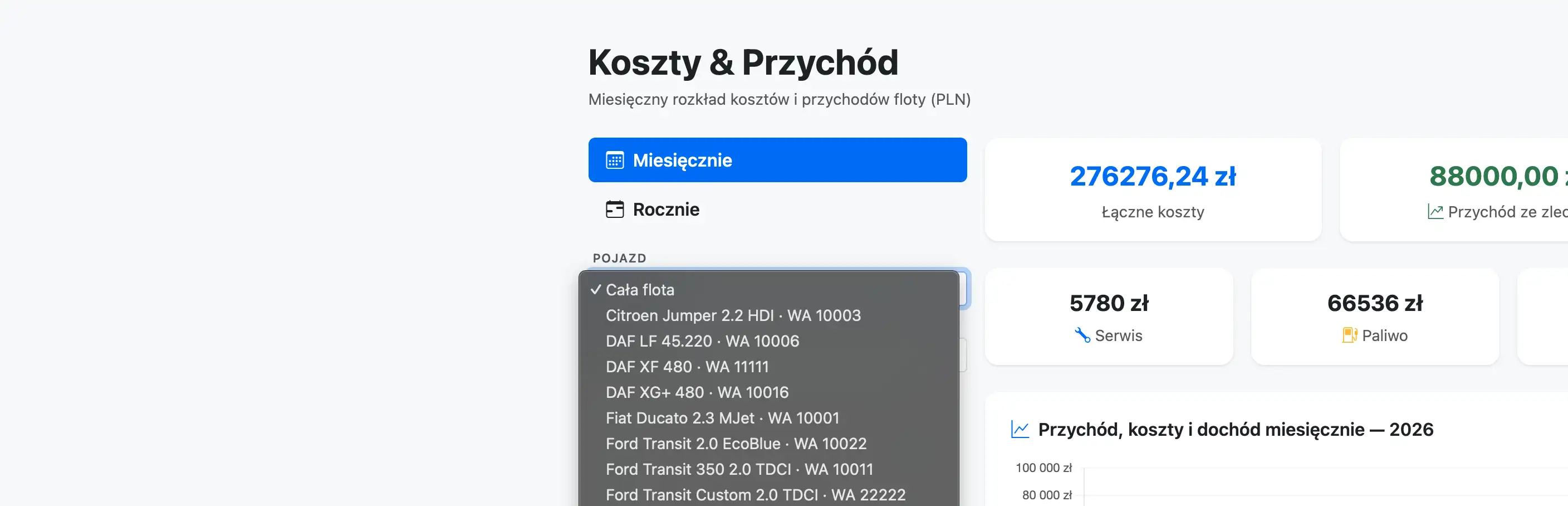Panel filtrów do wyboru konkretnego pojazdu i zakresu czasowego w module analityki