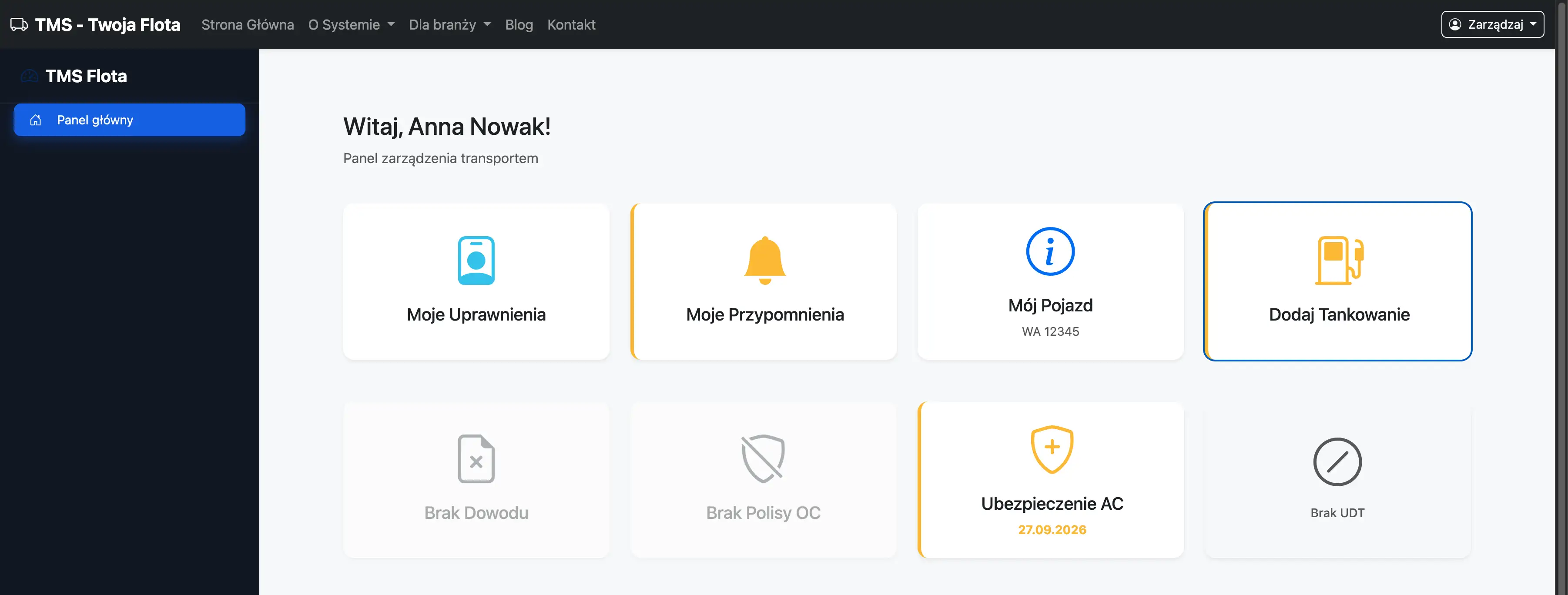Karta Dodaj Tankowanie na panelu kierowcy