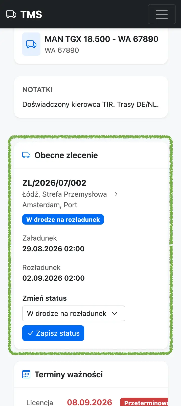 Podgląd zlecenia transportowego w panelu mobilnym kierowcy z możliwością zmiany statusu