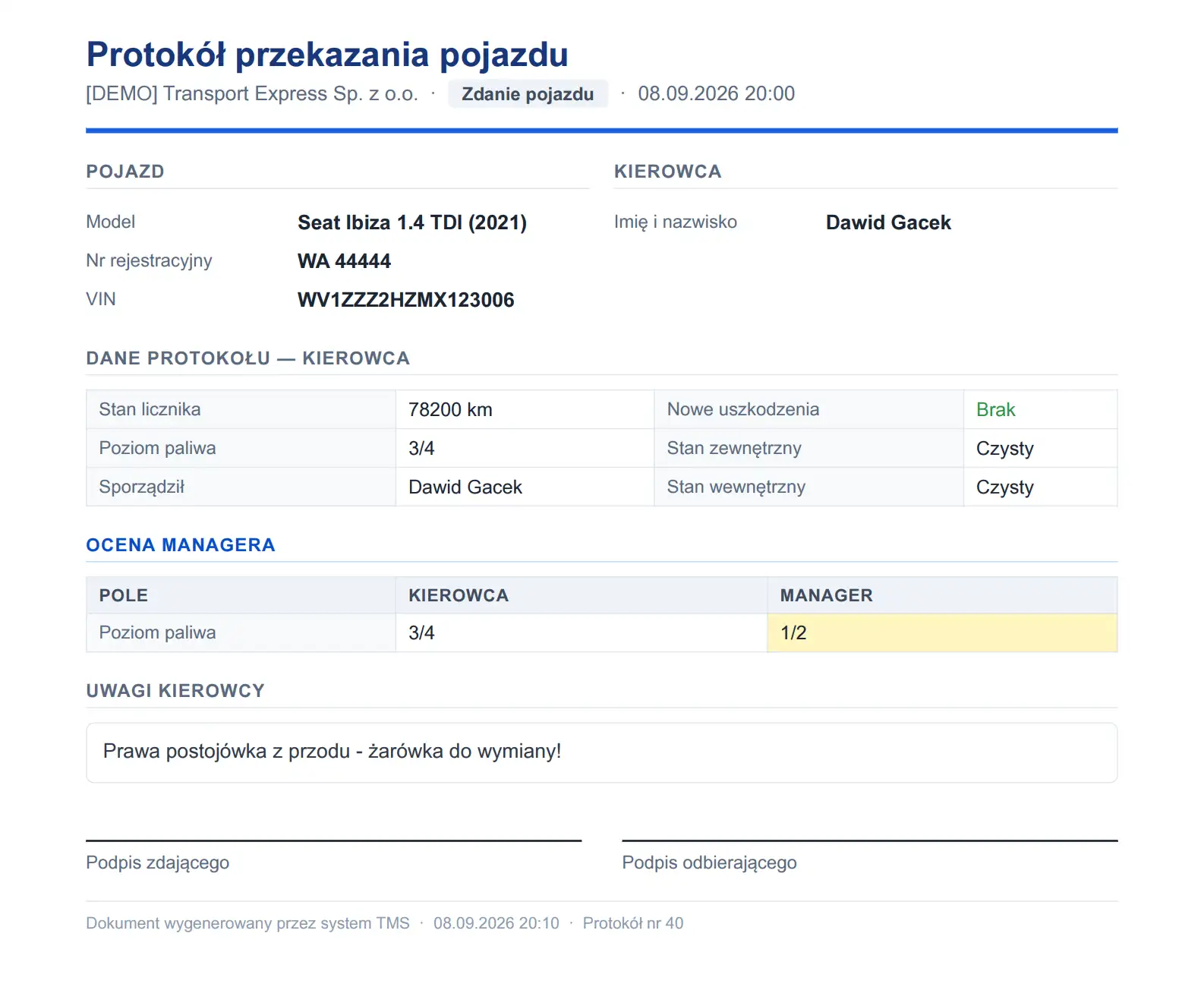 Wzór protokołu zdawczo odbiorczego samochodu PDF wygenerowany z TMS Flota
