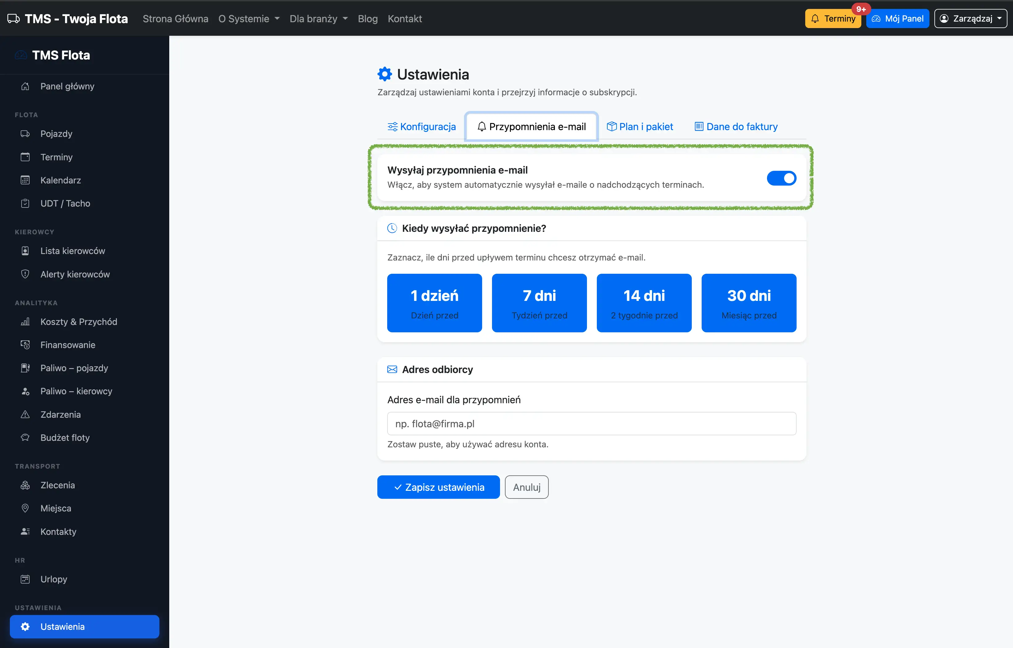 Przełącznik włączenia i wyłączenia przypomnień e-mail w TMS Flota